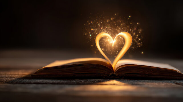 Romantic love theme for Valentines Day. An open book with a glowing heart shape emanating from its pages, set against a dark background.