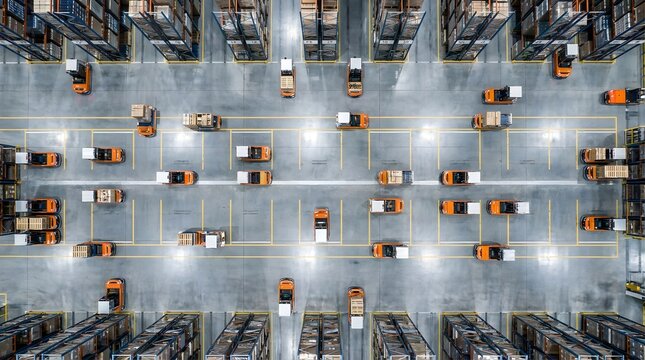 Aerial top view of autonomous robots arranged in grid pattern on warehouse floor