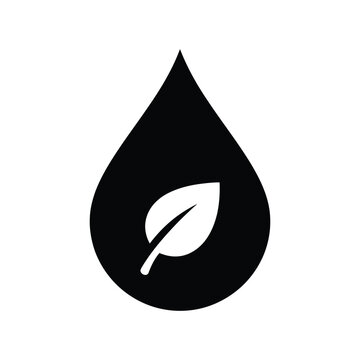 Black teardrop shape with a white leaf inside, on a white background