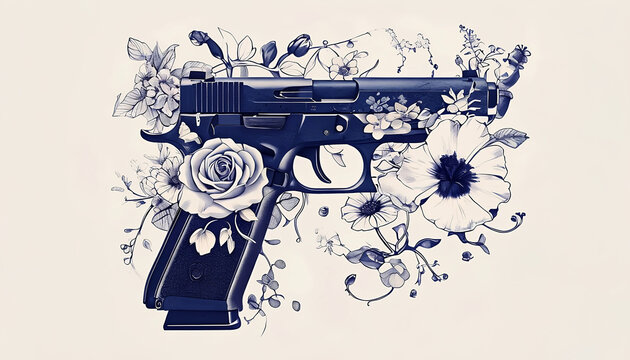 Pistola Semiautomatica adornata con con Motivo Floreale, Semi-Automatic Pistol with Floral Pattern