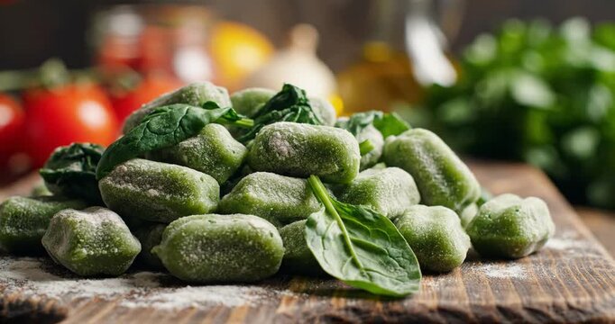 Freshly prepared green gnocchi with spinach on a wooden board, surrounded by vibrant ingredients