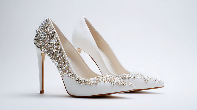 A pair of white highheeled shoes with rhinestones on a white background