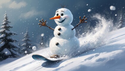 Obraz premium A snowman with a carrot nose joyfully snowboards down a snowy slope. The snowman wears a big smile while enjoying the winter sports atmosphere.