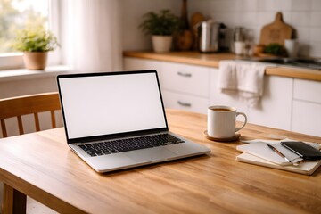 Fototapeta premium Laptop with blank screen on kitchen table, remote working from home
