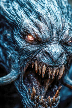 Close-up shot of a demonic-looking creature with horns and sharp teeth, suitable for horror or fantasy themes. vertical frame