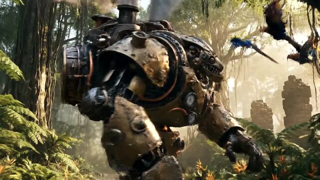 Giant Steampunk Robot in Lush Jungle Environment with Steam and Birds.