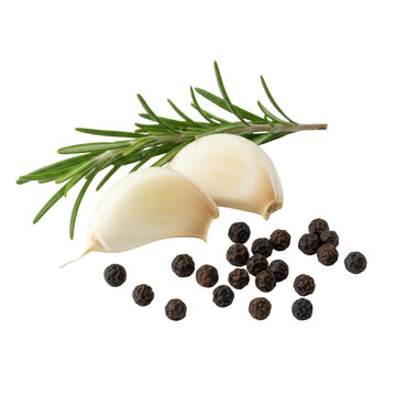 Peeled garlic cloves, fresh rosemary sprig, and black peppercorns artfully arranged on a transparent background with soft, diffused lighting, a minimalist culinary readiness concept