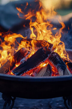 A fire pit with burning flames and logs inside, perfect for campfires or backyard gatherings. vertical frame