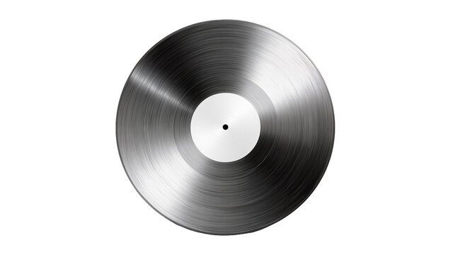 Isolated silver vinyl record disc with blank white label for music or audio presentation