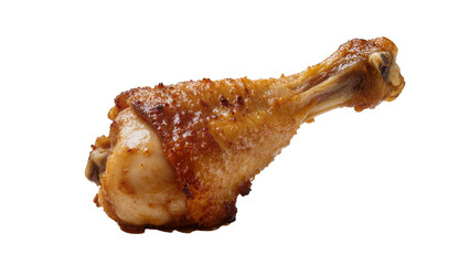 Isolated crispy golden brown roasted chicken drumstick with succulent meat, ready to eat © Denis