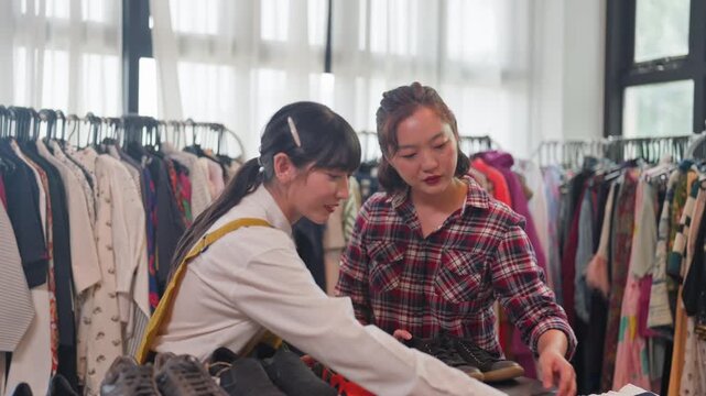 Two happy Asian female friends enjoying shopping together, looking at shoes and browsing through racks of clothes in a trendy local boutique or thrift shop.