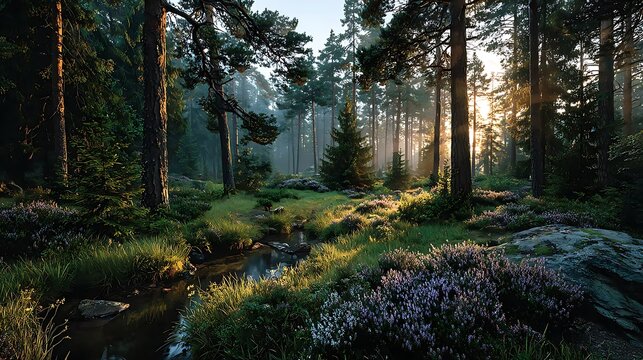 Peaceful morning forest with fog and glowing sunbeams pictures