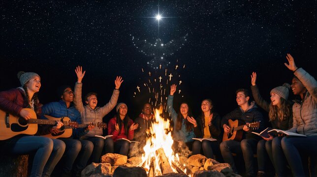 Group of young women and men sitting around campfire under starry sky, praising God. Modern religion, faith, and spirituality youth gathering.