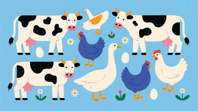 cartoon farm animals and poultry on blue background