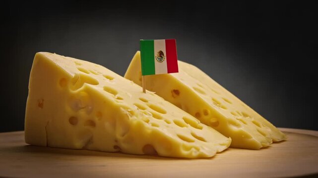 Bright head of hard cheese with chambers from Mexican farms and Mexico flag.
