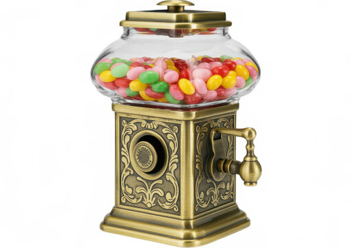 Antique brass candy dispenser machine filled with colorful jelly beans on white background