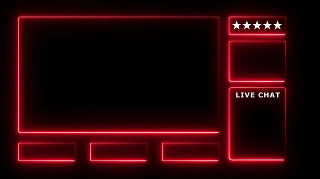 Neon glowing animated intermission stream overlay with hud facecam border, chat frame design for live broadcast visuals. Red color on black background. 4k video.
