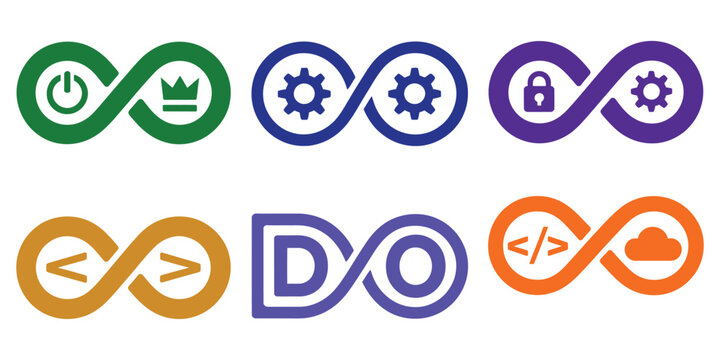 Infinity loop icon set, minimal vector symbols representing infinite cycles, endless flow, and recurring processes, modern design suitable for technology, business, and creative projects.