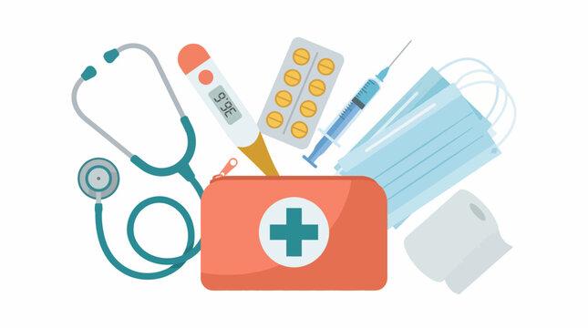 An attractive arrangement of medical supplies including a stethoscope, thermometer, and masks alongside other essentials, highlighting their significance in healthcare environments.