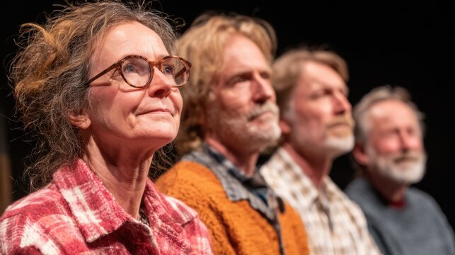 Comedic improv actors midscene on a blackbox stage captured in sharp focus with exaggerated expressions while the rest of the studio fades softly out of focus.