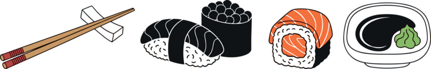 Sushi illustration set with nigiri maki soy sauce and chopsticks isolated on white background, Japanese food vector collection © EdGe Creative