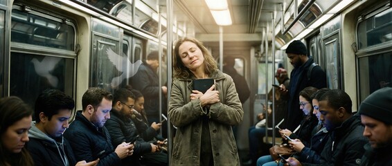 Fototapeta premium Woman with closed eyes and Bible on subway surrounded by people looking at phones. Modern religion concept, spiritual connection, faith journey. Banner with copy space