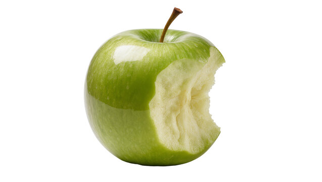 Isolated fresh green apple with a crisp bite taken out, healthy organic snack