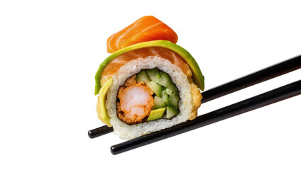 Isolated fresh Japanese sushi roll with shrimp tempura, salmon, avocado held in chopsticks © Denis