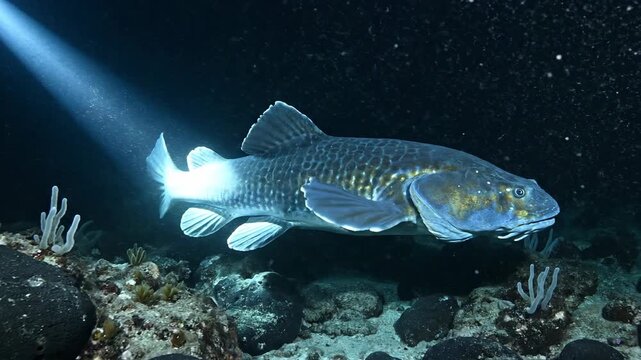 A fish swimming underwater in the deep dark ocean