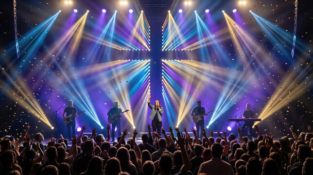 Woman singer performing on stage at a modern church worship concert with cross shaped lighting. Contemporary christian music event.