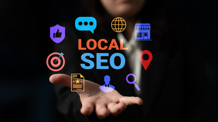 A professional person presents key concepts related to local SEO using vibrant icons and symbols,...