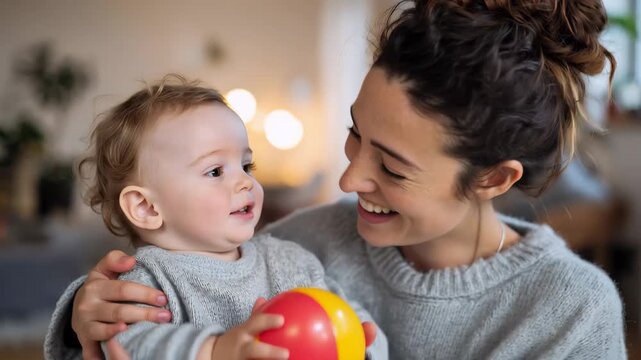 Mother engages baby with colorful object in a cozy indoor setting during daytime playtime for developmental encouragement