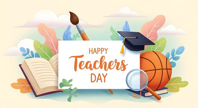 Happy teachers day celebrating educators with books sports graduation a thank you