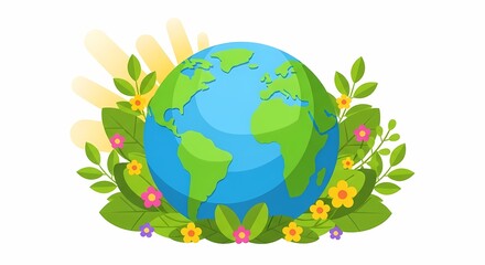 Naklejka premium Earth surrounded by flowers and leaves.
