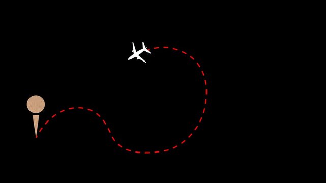 Red, dashed, loopy, travel, path, animation, connecting, two, textured, map, pins, on, black, background, for, flight, routes, and, professional, video, project, overlays.
