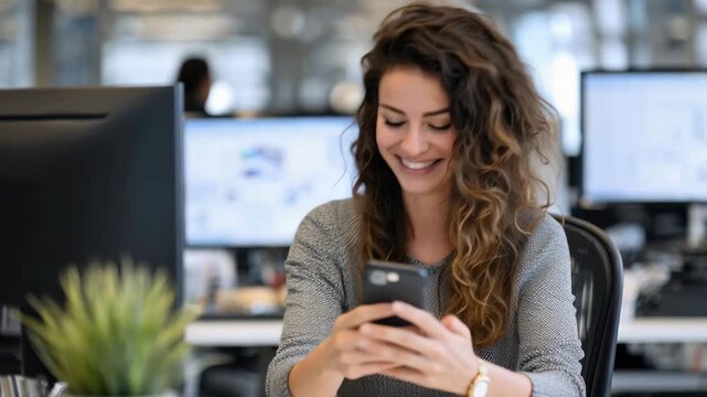 Smiling woman engages with her smartphone at a modern office desk during a busy workday