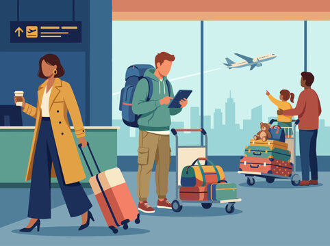 An engaging scene of people at an airport departing on their journeys, showcasing excitement and anticipation for travel in a modern, vibrant setting.