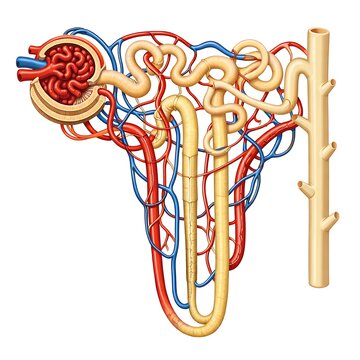 Human kidney nephron structure anatomy illustration with blood vessels, glomerulus and tubules for medical education.