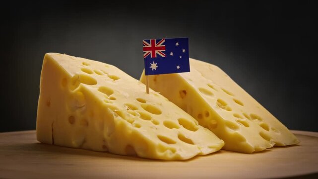 Precise slice of hard cheese from Australian farms and Australia flag.