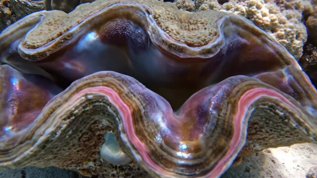 A giant clam underwater showing its beautiful colors