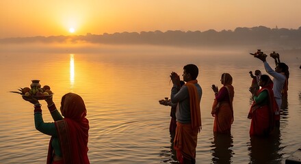 Fototapeta premium devotional chhath puja artwork, silhouette of people offering arghya to the setting sun, glowing orange and red sky, calm river surface reflecting light, spiritual and peaceful atmosphere, 
