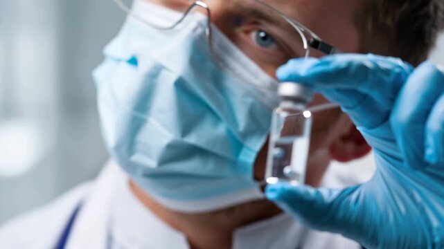 Doctor holding a vial of vaccine while wearing protective mask and gloves in a laboratory setting during daytime