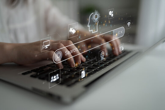 Artificial intelligence AI search concept enabling smarter discovery, recommendations to digital services and knowledge. Generative AI search engine algorithm provide user intent result. Corpus