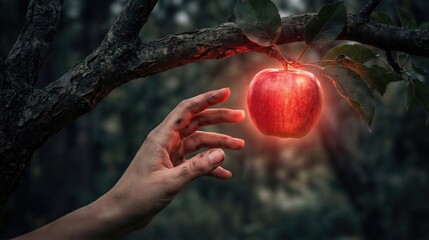 Naklejka premium Woman hand reaching for glowing red apple on tree branch. Biblical scene of Eve in garden of Eden. Temptation and forbidden fruit concept. Genesis story of human fall in religion culture.