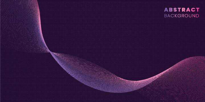 Dynamic abstract background with flowing pink and purple dotted waves on a dark purple backdrop. Perfect for technology, science, and futuristic digital network design projects