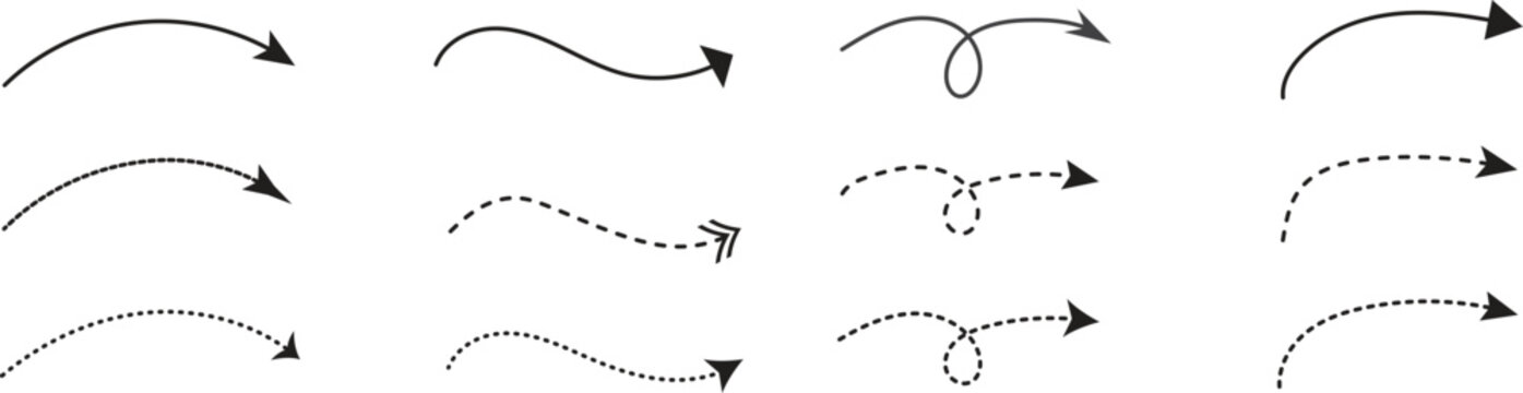 Set of hand drawn curved and dotted directional arrow vectors