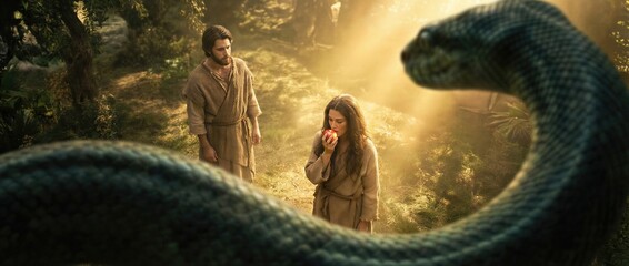 Naklejka premium Adam and woman in Garden of Eden with serpent tempting with apple. Biblical scene of fall of man and original sin. Religious concept of creation, temptation and faith. Banner with copy space