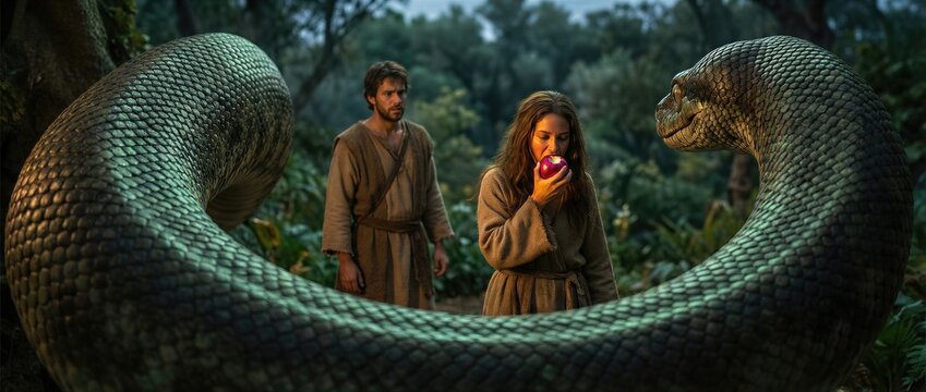 Adam and Eve in Garden of Eden. Woman eating forbidden fruit offered by giant snake. Biblical story of fall of human, temptation and original sin in wilderness. Ancient religious art. Banner with