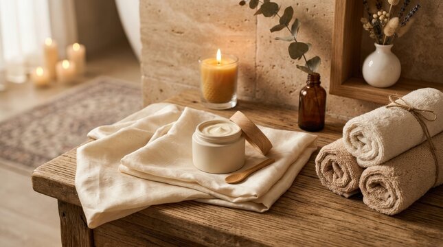 Luxury spa setting with cream jar on folded silk cloth near rolled towels and a candle in the background, warm ambient lighting,