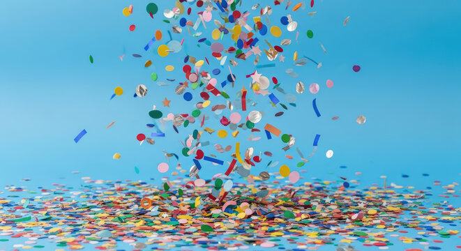 Colorful Confetti Falling Against Blue Background.